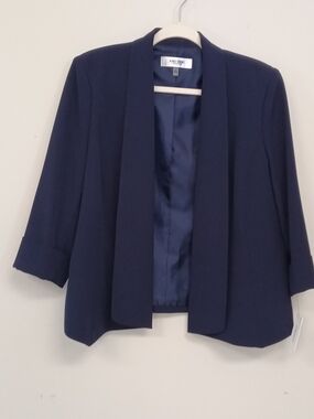 NWT Jones Studio Navy Blue Open Front Swing Stretch Work Wear Career Blazer 12